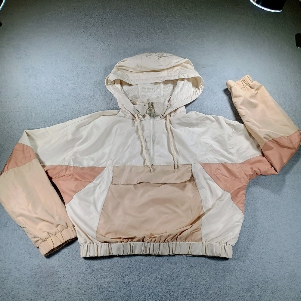 Forever 21 Womens Windbreaker Colorblock Tan Cream Small Hooded Anorak